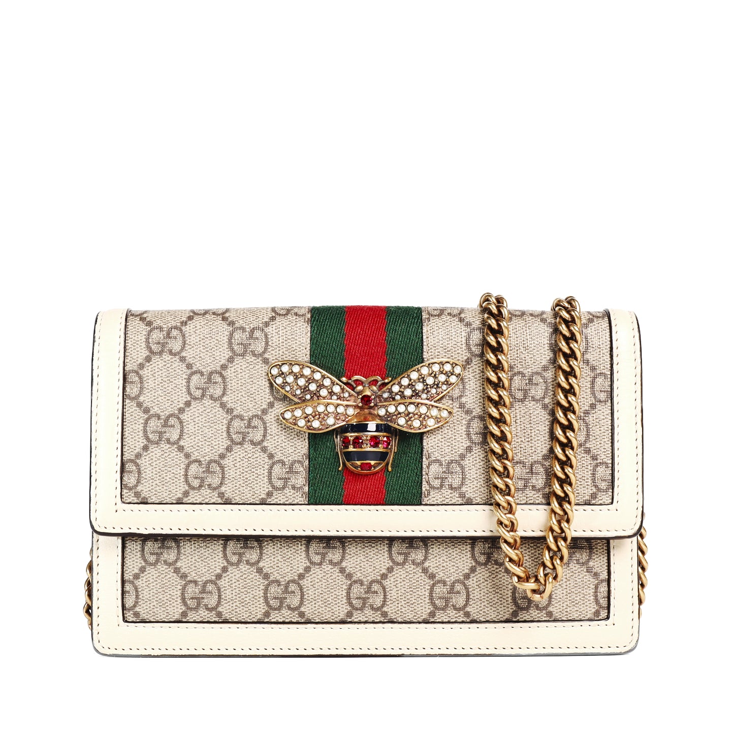 Pre-Owned Gucci Queen Margaret Beige GG Supreme Coated Canvas Wallet on Chain  13054235 L