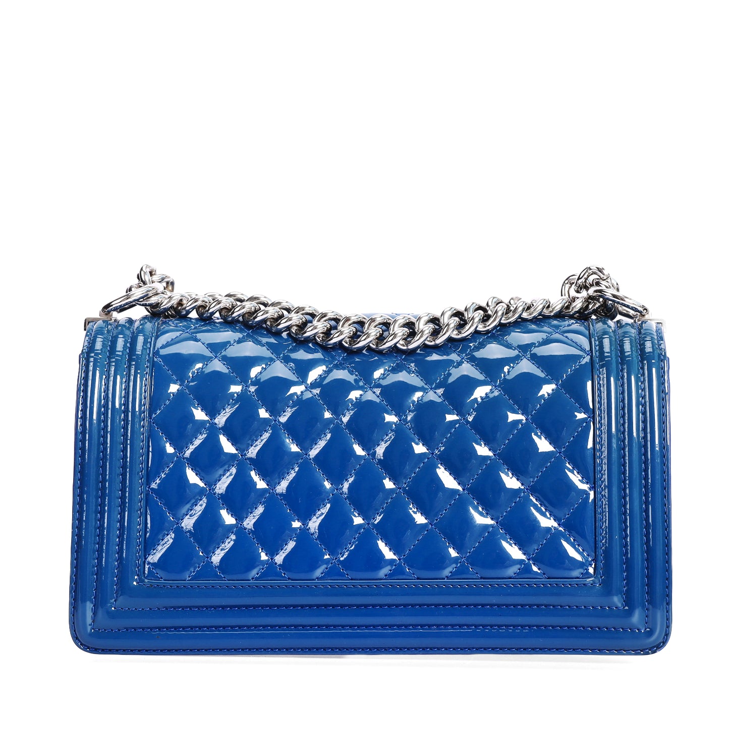 Pre-Owned Chanel Boy Medium Blue Quilted Patent Calfskin Leather Shoulder Bag 22463527