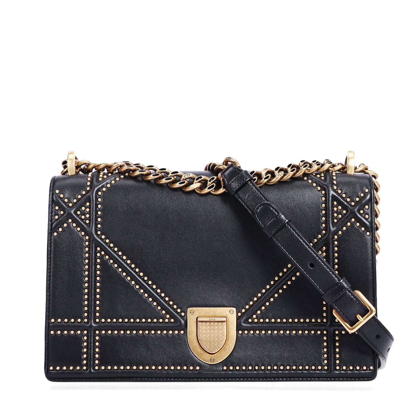 Pre-Owned Dior Black Leather Diorama Studded wallet on chian 22507141