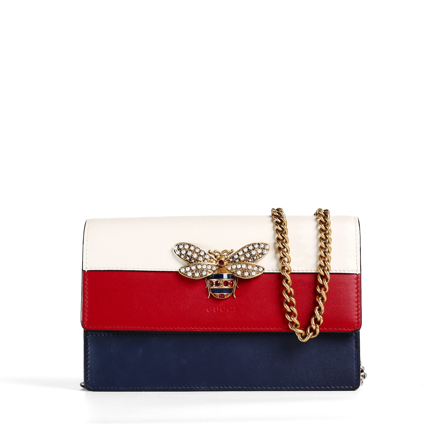 Pre‑Owned Gucci Queen Margaret Bee Off‑White / Red & Navy Calfskin Wallet on Chain 26232151