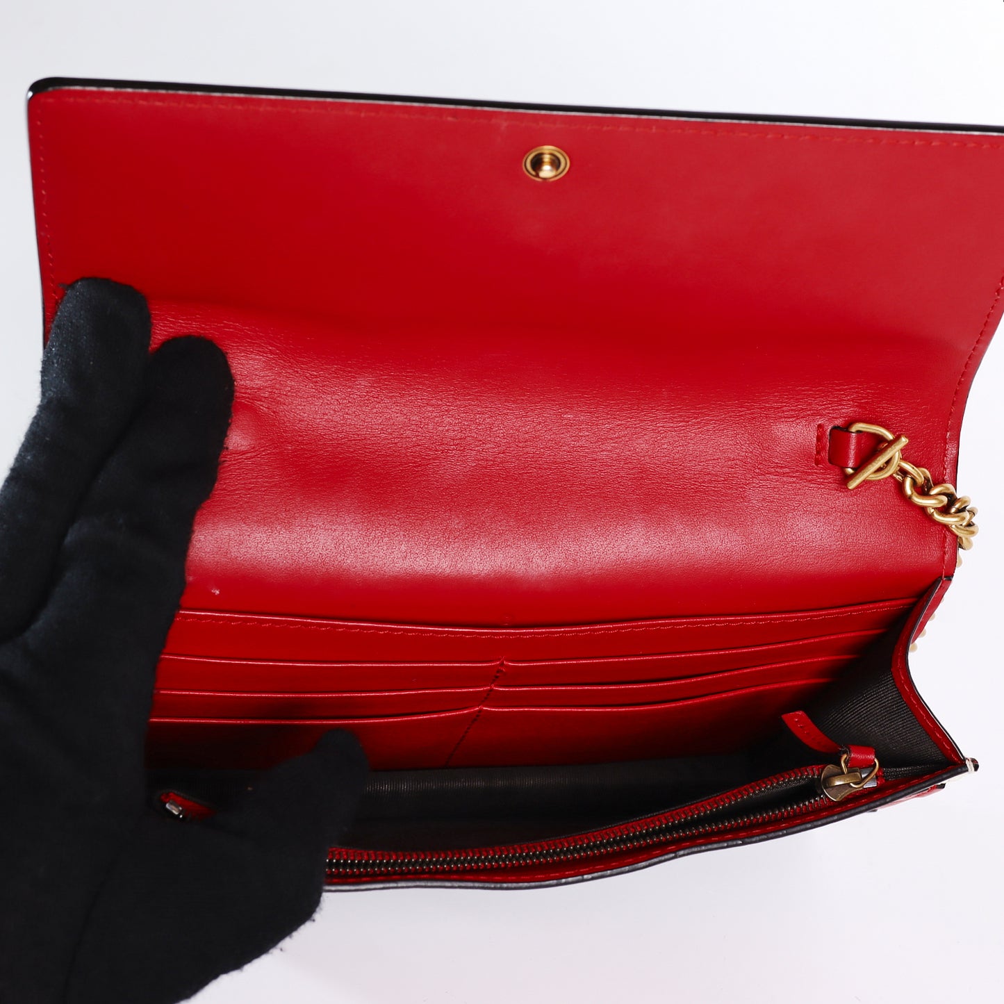 Pre‑Owned Gucci Queen Margaret Bee Off‑White / Red & Navy Calfskin Wallet on Chain 26232151