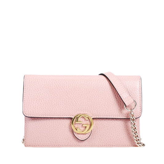Pre-Owned Gucci Interlocking Pink Calfskin Leather Wallet on Chain 26808807 c
