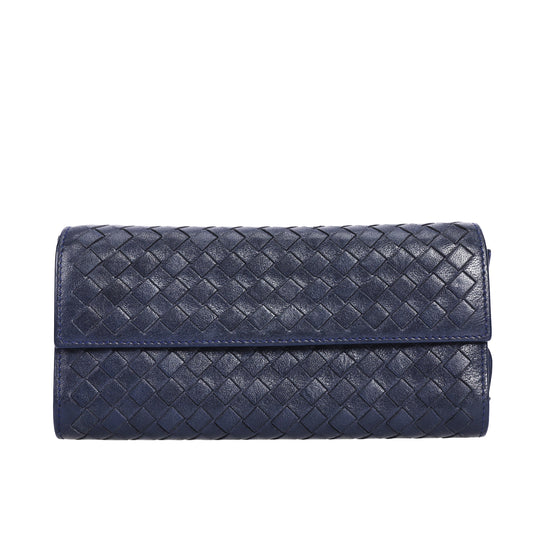 Pre-Owned Bottega Veneta Intrecciato Dark Blue Calfskin Long Wallet 27271253