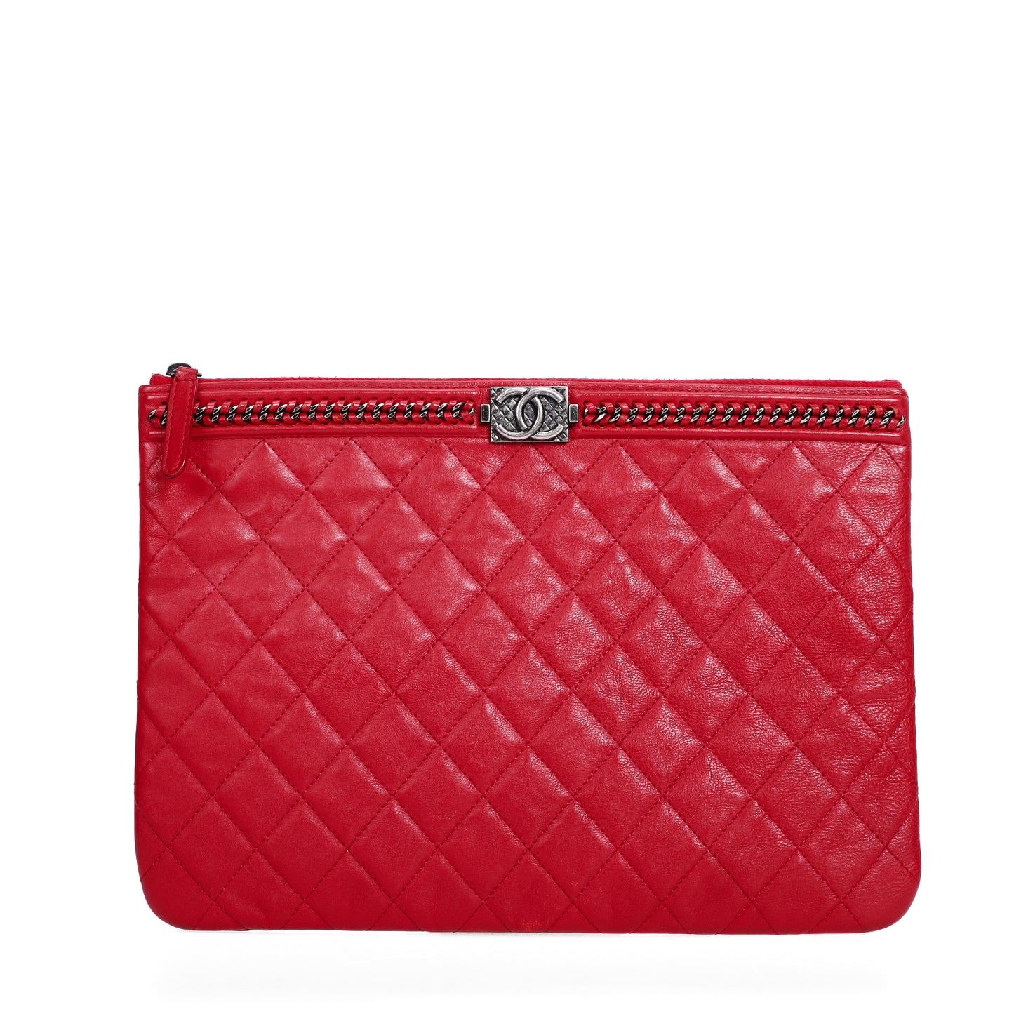 Pre-Owned Chanel Boy O Case Red Calfskin Clutch 30886202