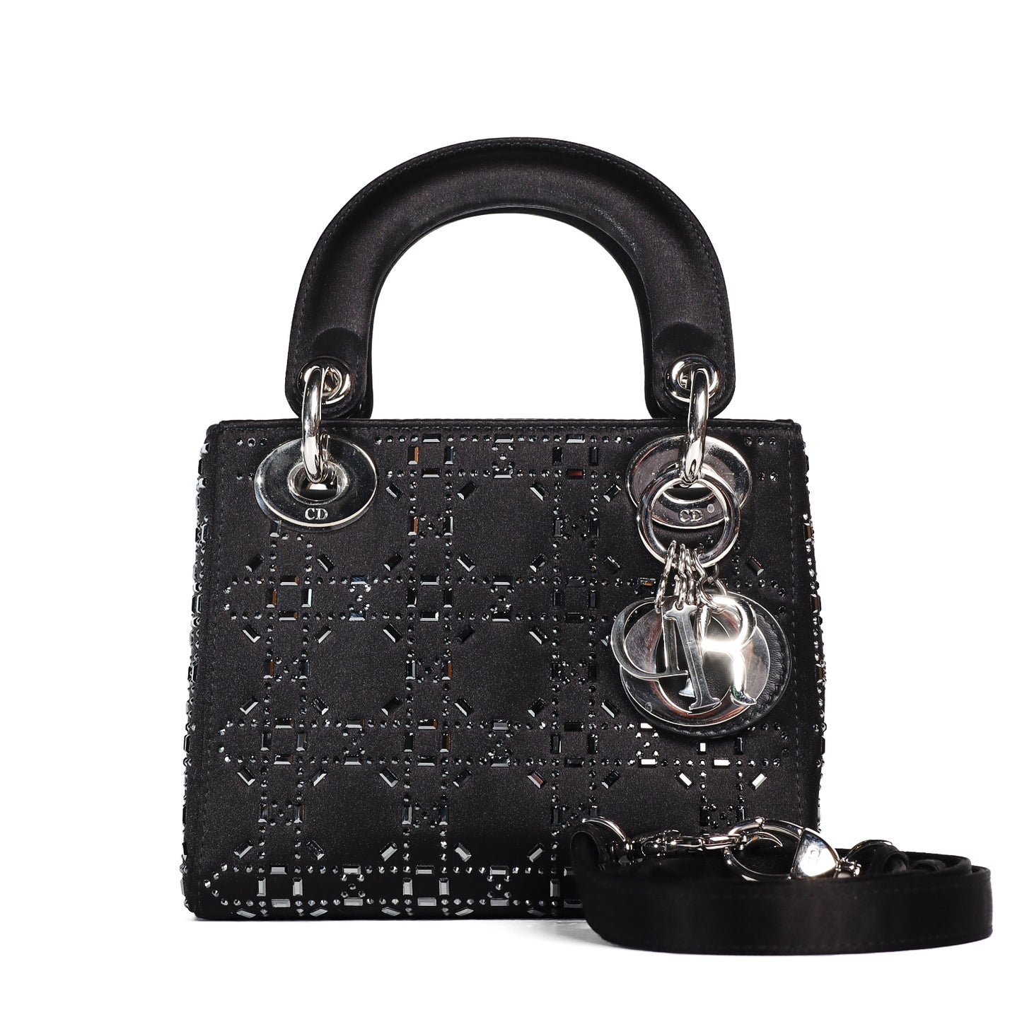 Pre-Owned Christian Dior Lady Dior Medium Black Satin Shoulder Bag 38723244