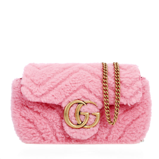 Pre-Owned Gucci GG Super GG Marmont Pink Shearling Calfskin Matelasse Shoulder Bag 44054625