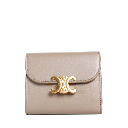 Pre-Owned Celine Triomphe Taupe Calfskin Small Wallet 45551722