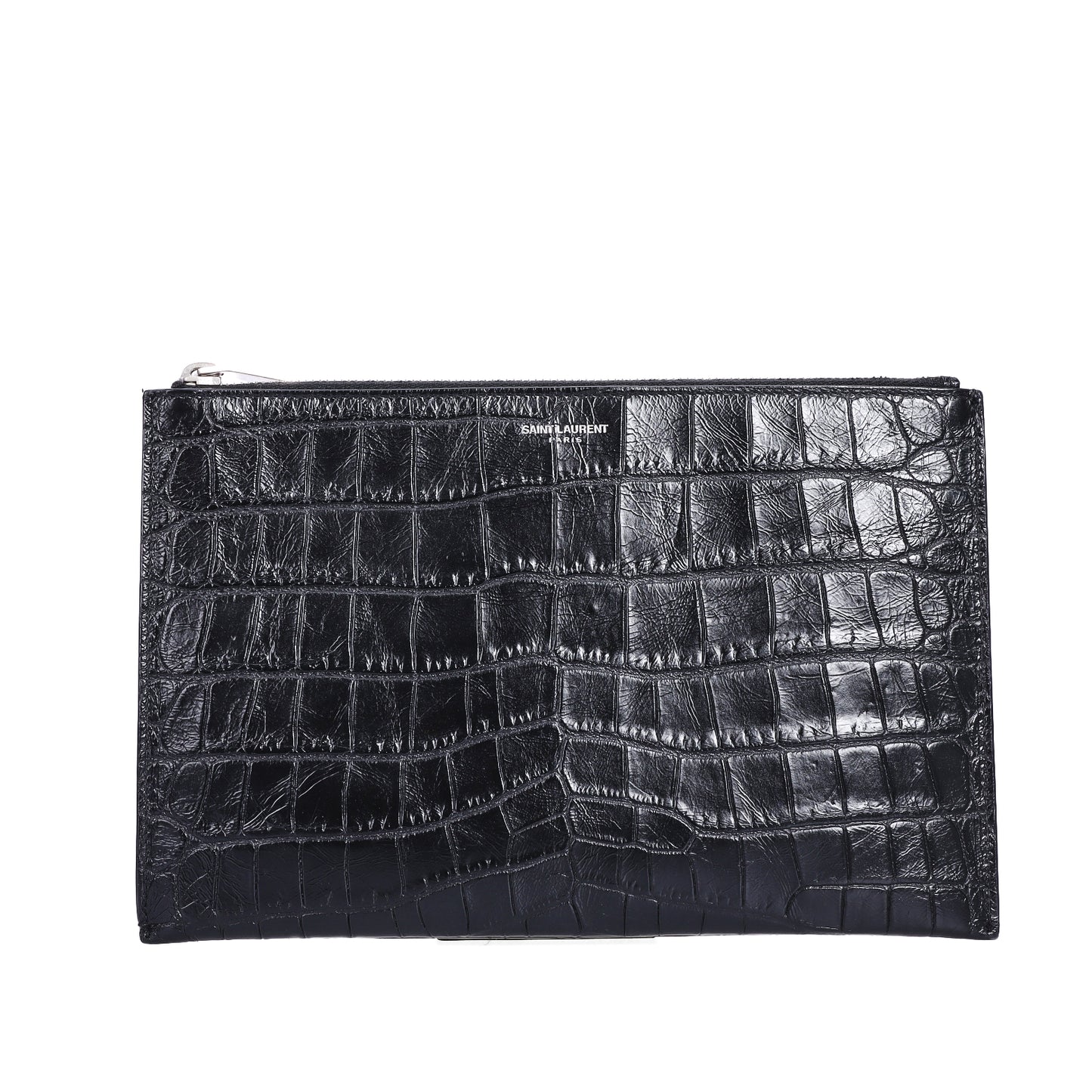 Pre-Owned Saint Laurent Zip Black Crocodile Embossed Calfskin Clutch 46383002
