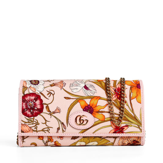 Pre-Owned Gucci Floral  Pink Calfskin Wallet On Chain 56291141