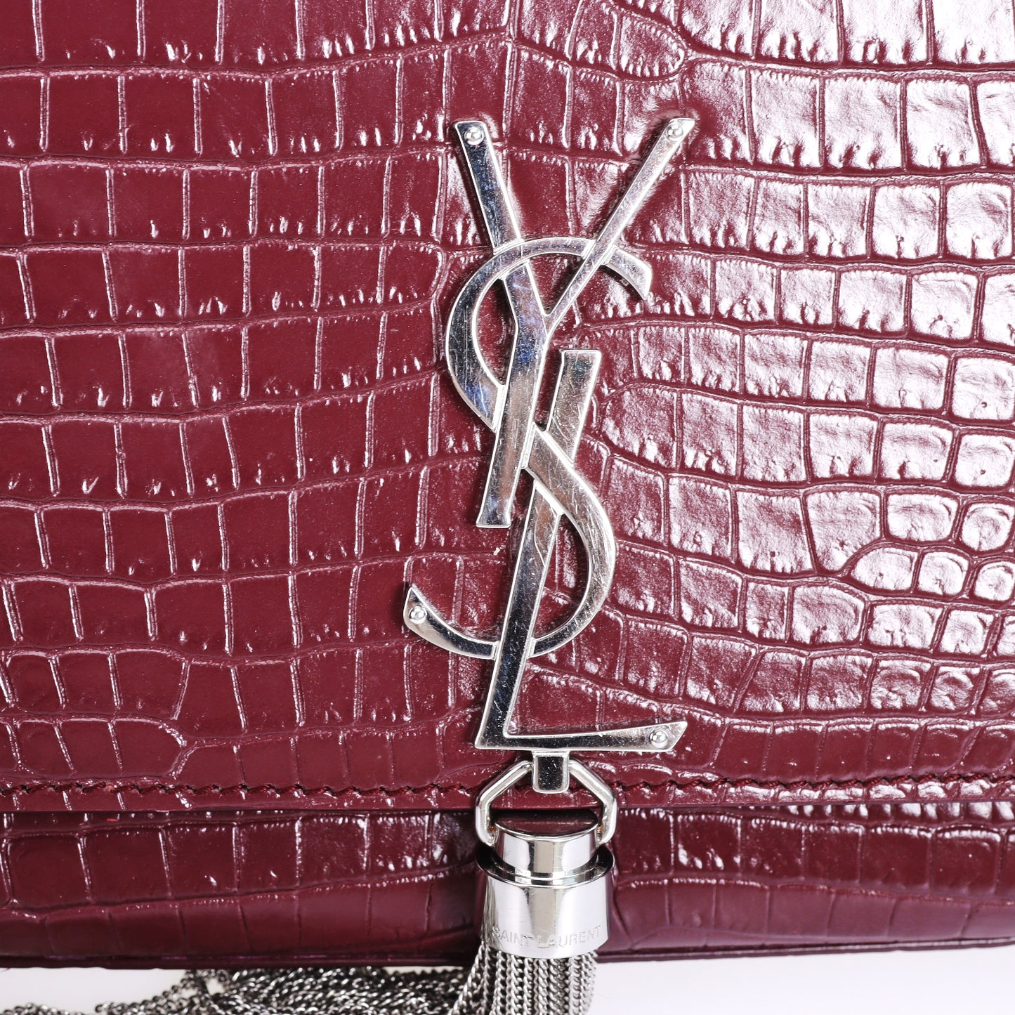 Pre-Owned Saint Laurent Kate Burgundy Monogram Croc-Embossed Calfskin Leather Wallet on Chain70544322