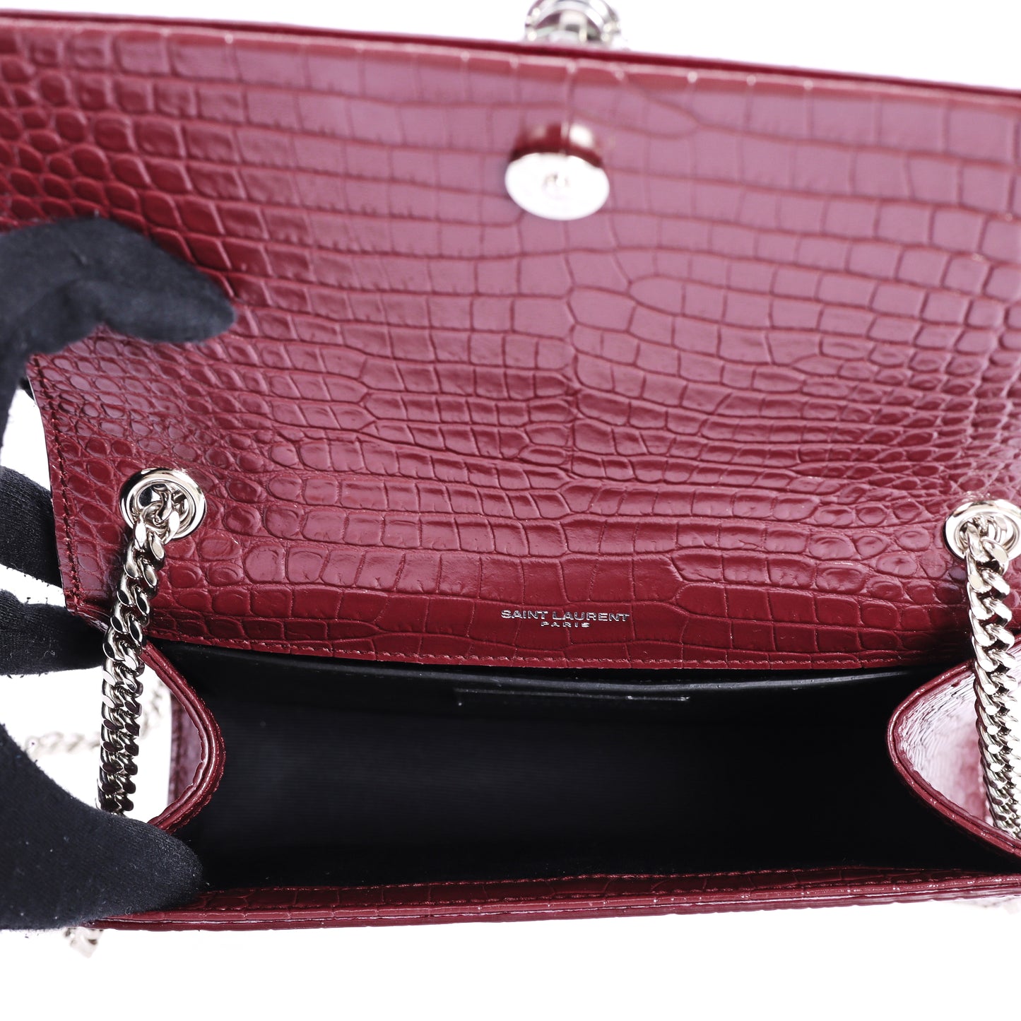 Pre-Owned Saint Laurent Kate Burgundy Monogram Croc-Embossed Calfskin Leather Wallet on Chain70544322