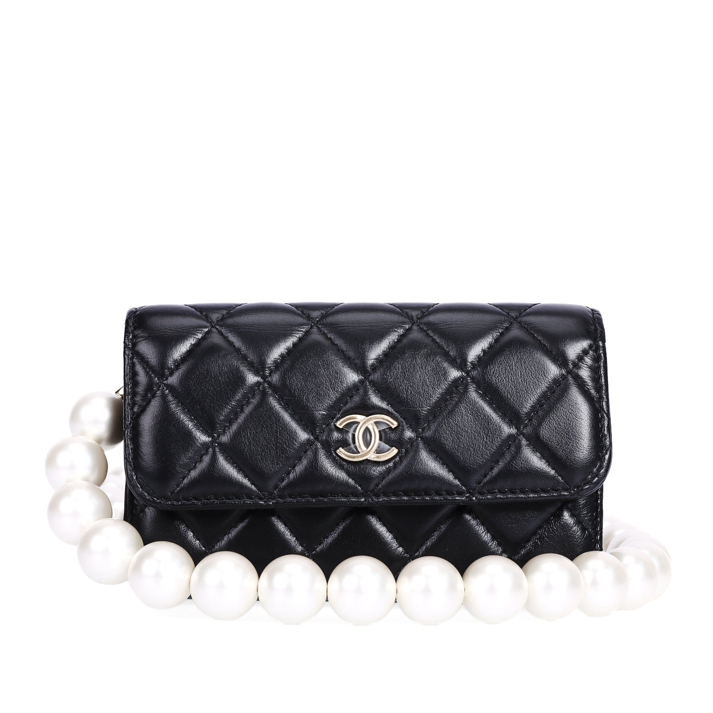 Pre-Owned Chanel Classic Quilted Pearl Handle Black Lambskin Leather Wallet on Chain 85862214