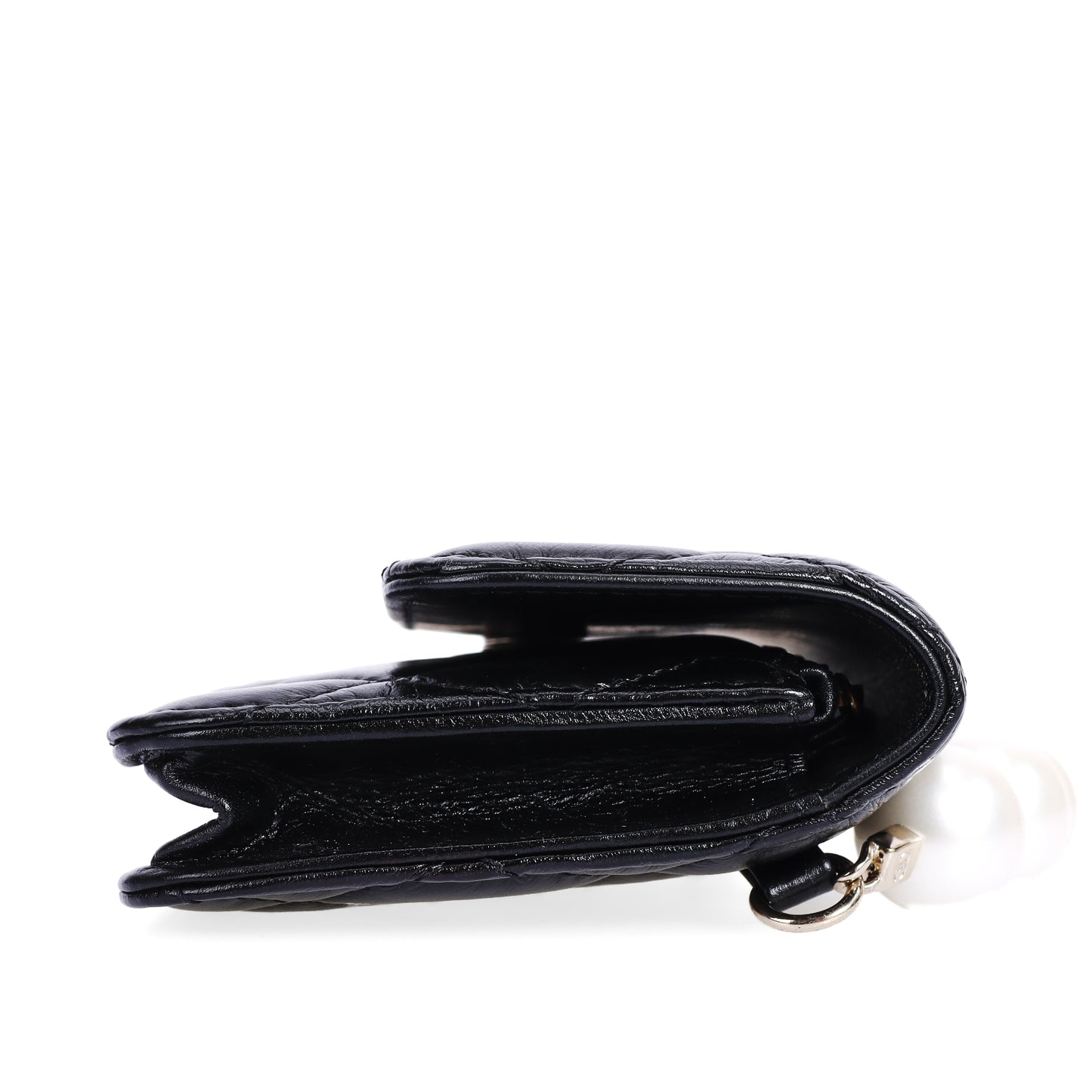 Pre-Owned Chanel Classic Quilted Pearl Handle Black Lambskin Leather Wallet on Chain 85862214
