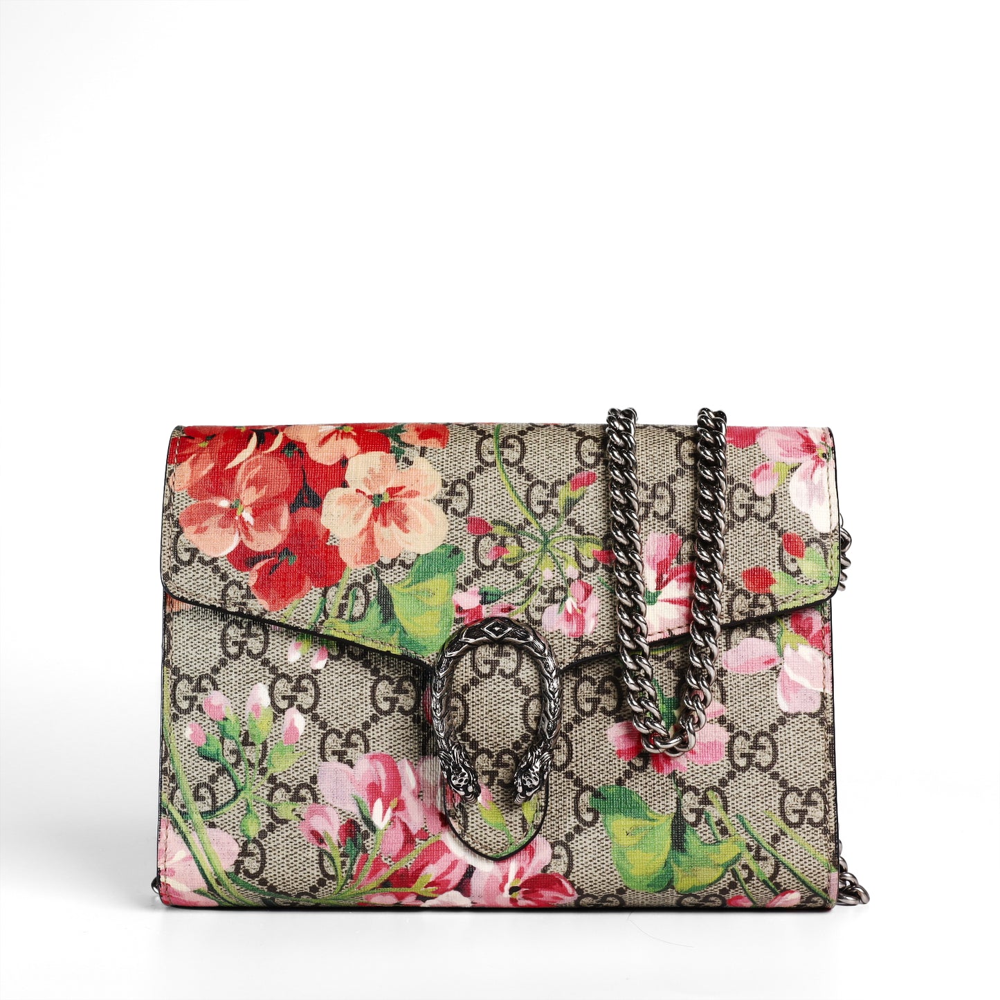 Pre‑Owned Gucci Dionysus Ebony GG Supreme coated canvas Floral Wallet on Chain 93523508