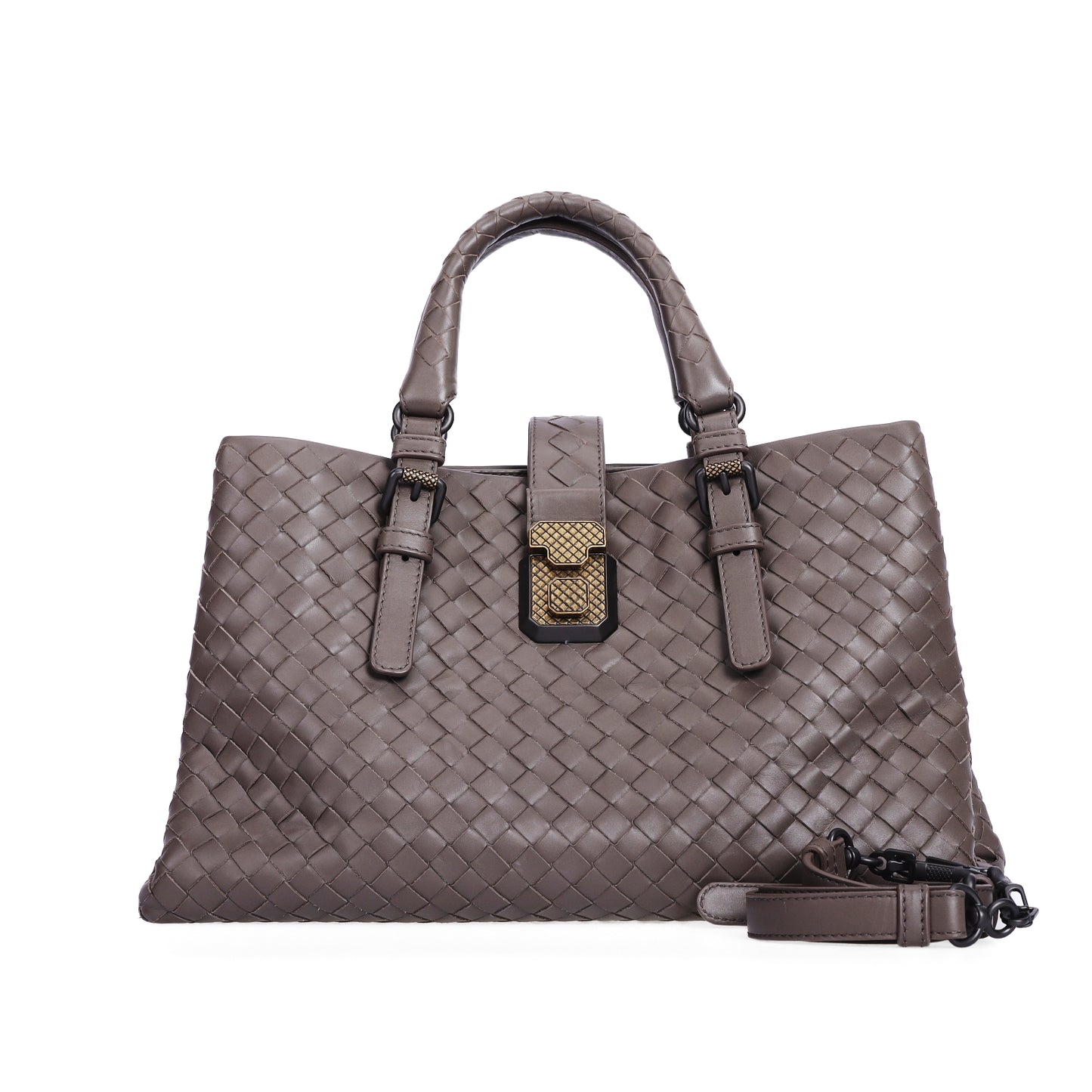 Pre-Owned Bottega Veneta Roma Intrecciato Taupe Calfskin Shoulder Bag 95490072