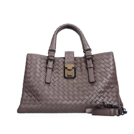 Pre-Owned Bottega Veneta Roma Intrecciato Taupe Calfskin Shoulder Bag 95490072