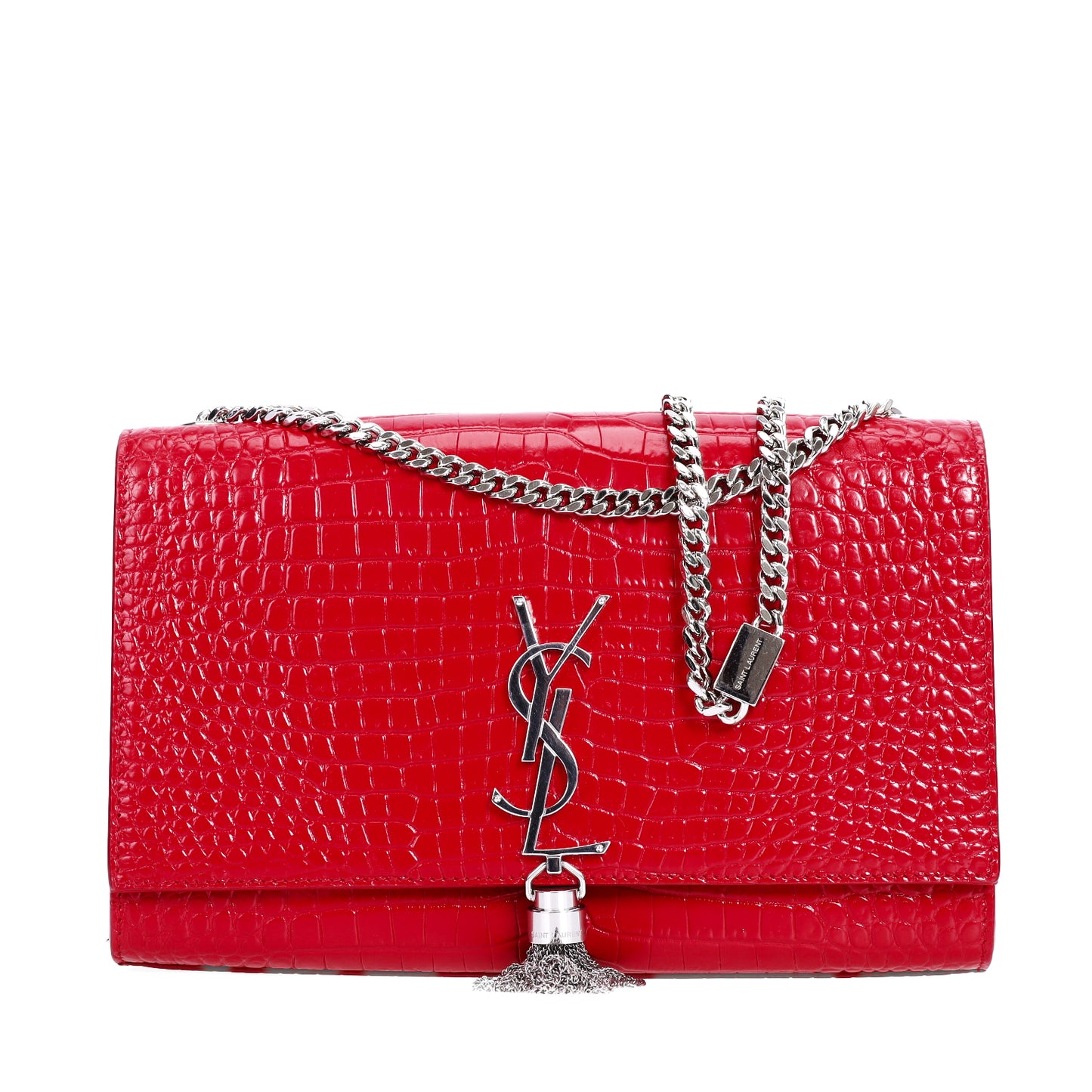 Pre-Owned Saint Laurent Kate Red Croc-Embossed Calfskin Shoulder Bag 11019825L