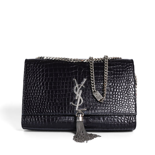 Pre-Owned Saint Laurent Kate Black Crocodile Embossed Calfskin Shoulder Bag 11430700
