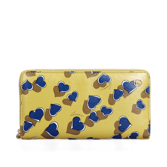 Pre-Owned Gucci Yellow Heart Print Calfskin Zip-Around Wallet 16261906