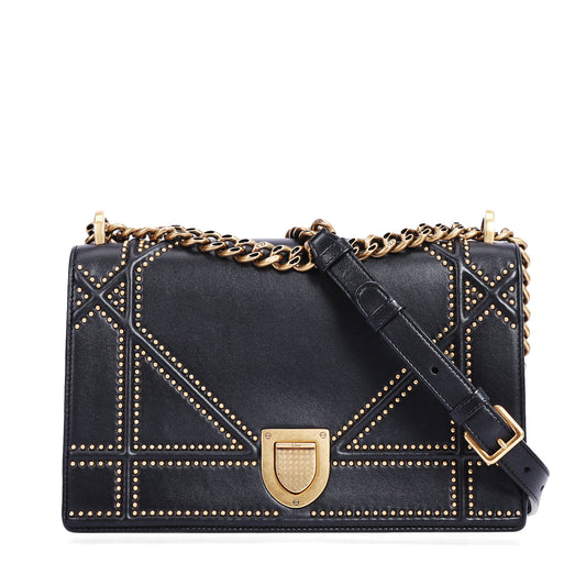 Pre-Owned Dior Black Leather Diorama Studded wallet on chian 22507141