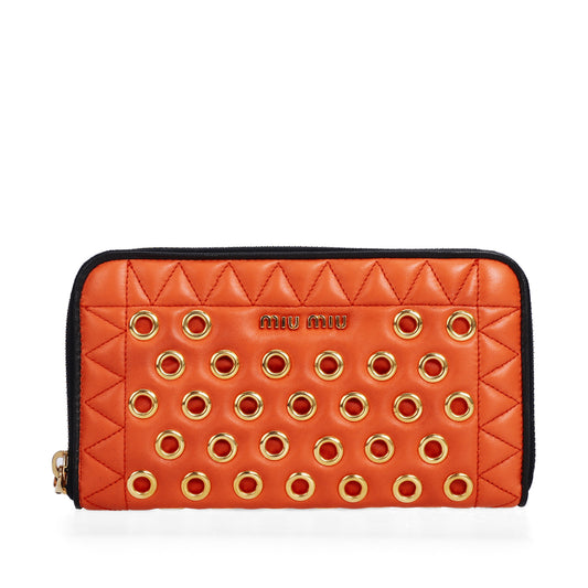 Pre-Owned Miu Miu Matelassé Orange Calfskin Studded Zip-Around Long Wallet 32091519