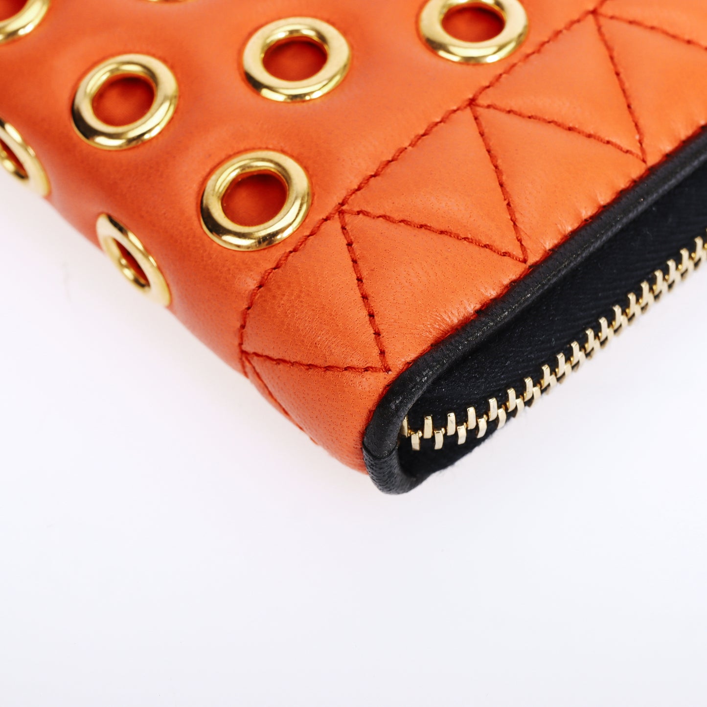 Pre-Owned Miu Miu Matelassé Orange Calfskin Studded Zip-Around Long Wallet 32091519