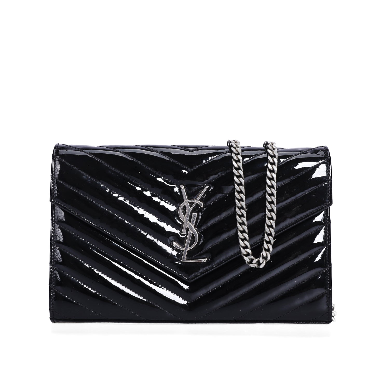 Pre-Owned Saint Laurent Chevron Black Patent Leather Wallet on Chain 32841904