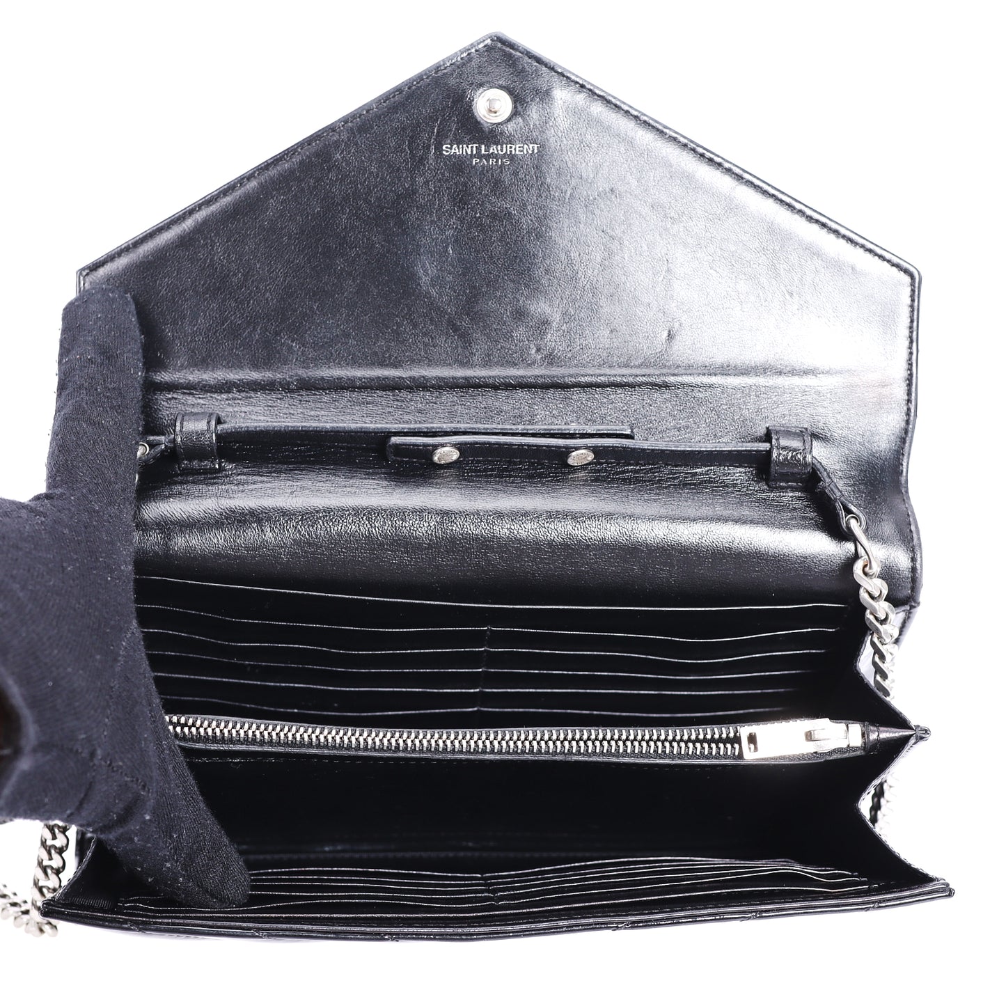 Pre-Owned Saint Laurent Chevron Black Patent Leather Wallet on Chain 32841904