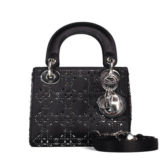 Pre-Owned Christian Dior Lady Dior Medium Black Satin Shoulder Bag 38723244