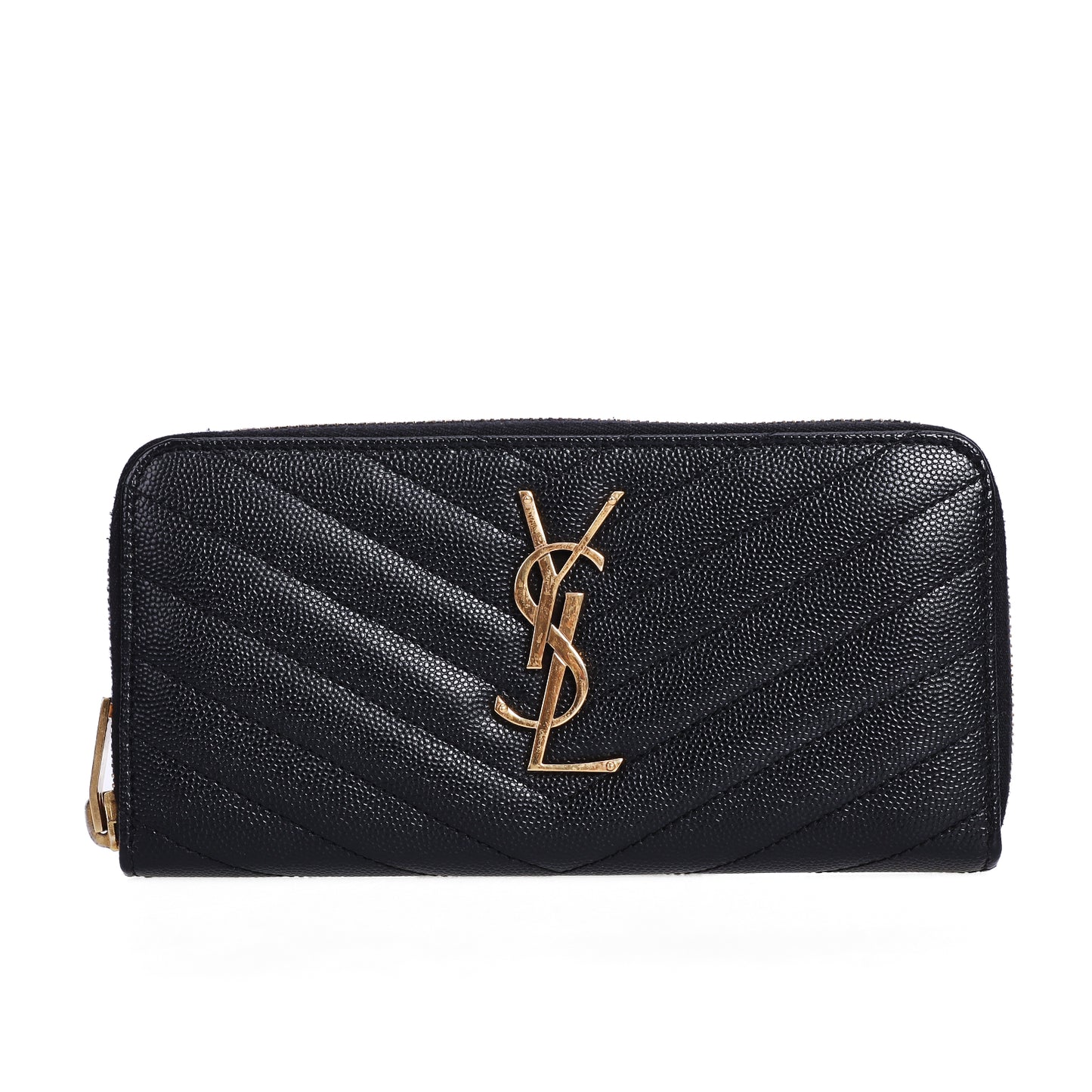 Pre-Owned Saint Laurent Zip-Around Black Grained Calfskin Long Wallet 45144967