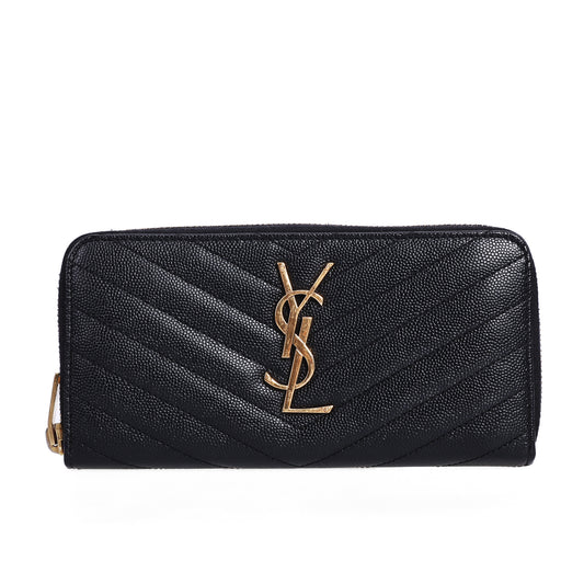 Pre-Owned Saint Laurent Zip-Around Black Grained Calfskin Long Wallet 45144967
