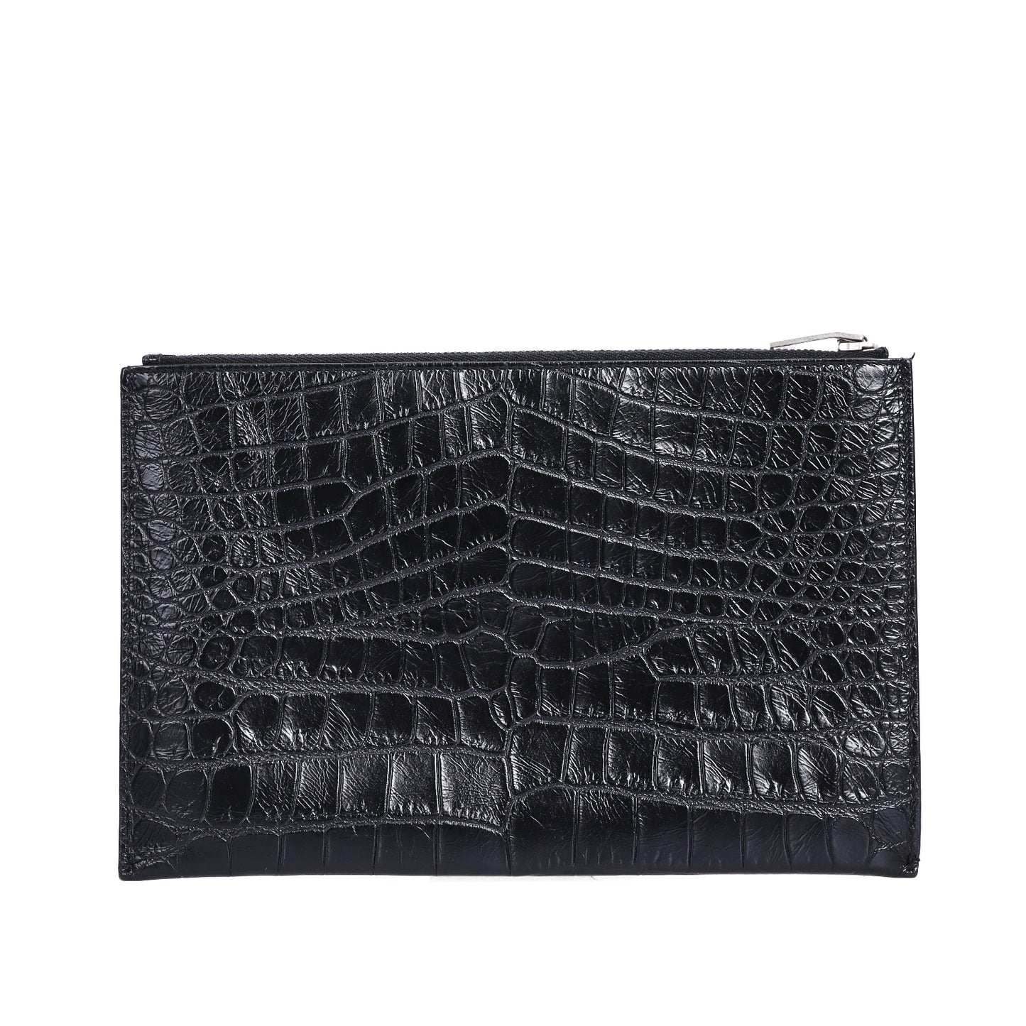 Pre-Owned Saint Laurent Zip Black Crocodile Embossed Calfskin Clutch 46383002