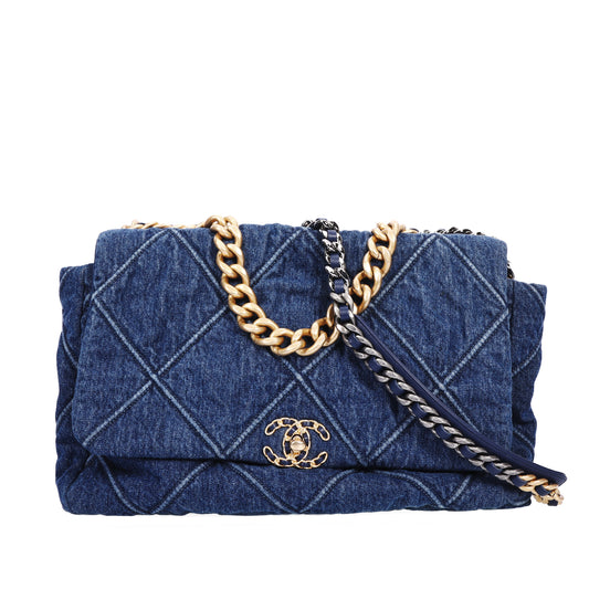 Pre-Owned Chanel 19 Large Size Blue Quilted Denim Shoulder Bag 59062679 L