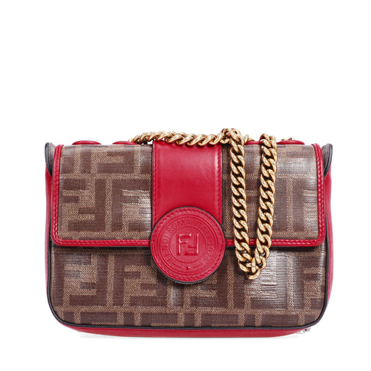 Pre-Owned Fendi FF Brown Red Coated Canvas Shoulder Bag 68273959