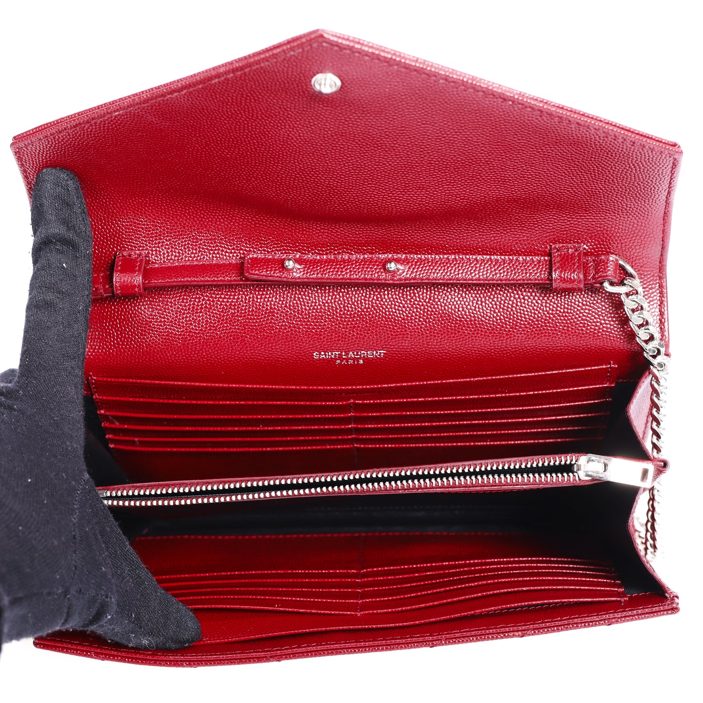 Pre-Owned Saint Laurent Red GGrain de Poudre Calfskin Wallet on Chain 69542553