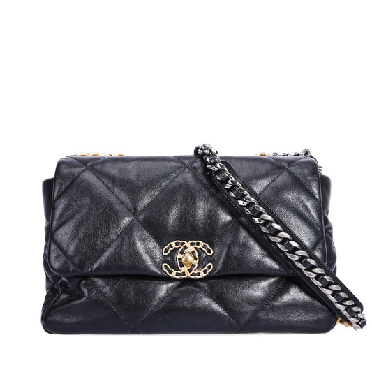 Pre-Owned Chanel 19 Bag Medium Black Quilted Lambskin Shoulder Bag 76394153