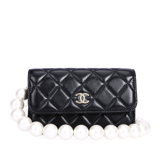 Pre-Owned Chanel Classic Quilted Pearl Handle Black Lambskin Leather  Wallet on Chain  85862214