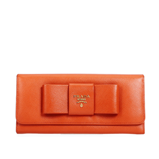Pre-Owned Prada Bow Orange Saffiano Calfskin Long Wallet 88411733