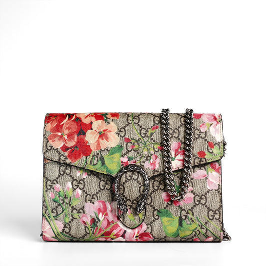 Pre‑Owned Gucci Dionysus Ebony GG Supreme coated canvas Floral Wallet on Chain 93523508