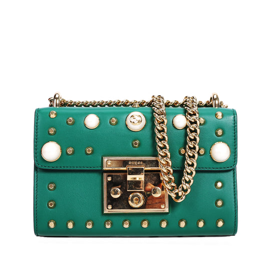 Pre-Owned Gucci Padlock Studded Green Calfskin Shoulder Bag 95549399