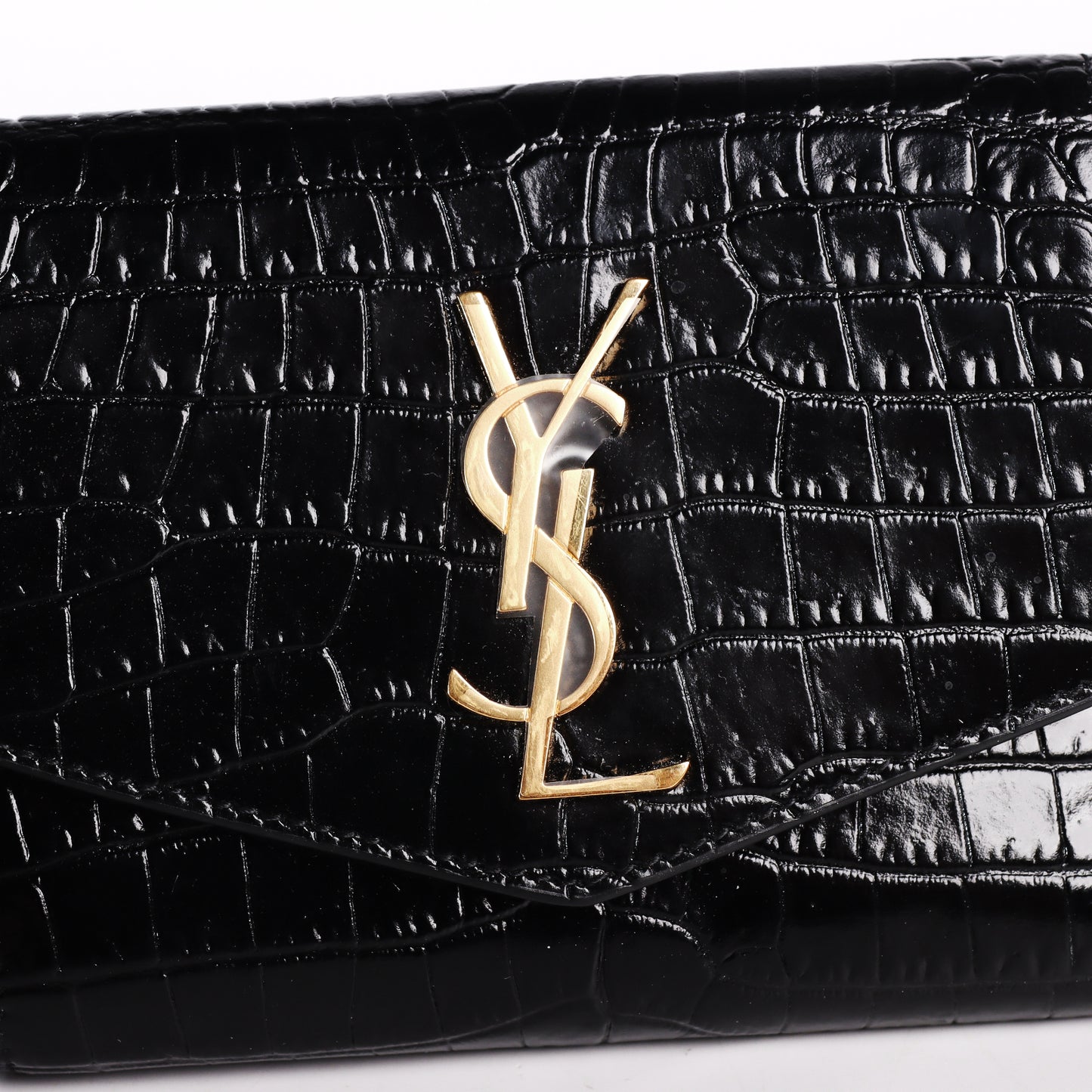Pre-Owned Saint Laurent Uptown Black Crocodile Embossed Calfskin Compact Wallet 98186803