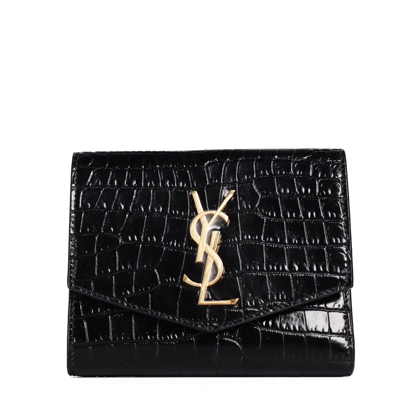 Pre-Owned Saint Laurent Uptown Black Crocodile Embossed Calfskin Compact Wallet 98186803